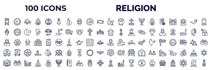 set of 100 religion web icons in outline style. thin line icons such as humanism, bindi, hebrew wine, christian, jewish incense, shrine, adhan call, tallit, islam, pope, ark of the convenant,