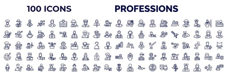 set of 100 professions web icons in outline style. thin line icons such as chef, guide, office worker, hr specialist, writer, dj, electrician, artist, boxer, driver, barber, carpenter vector.