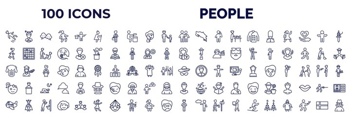 set of 100 people web icons in outline style. thin line icons such as slide down, old lady walking, man hugging, queens guard, girl running, psychologist, torso, relieved smile, aviation, man saving - obrazy, fototapety, plakaty