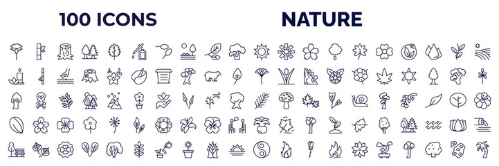 set of 100 nature web icons in outline style. thin line icons such as carnation, essence, sol, jasmine, flower therapy, ginkgo, american chestnut tree, almond, park bench, fengshui, bonsai tree, - obrazy, fototapety, plakaty