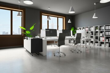 Luxury concrete coworking office interior with city view, decorative pot tree, equipment, computer monitors and furniture. 3D Rendering.