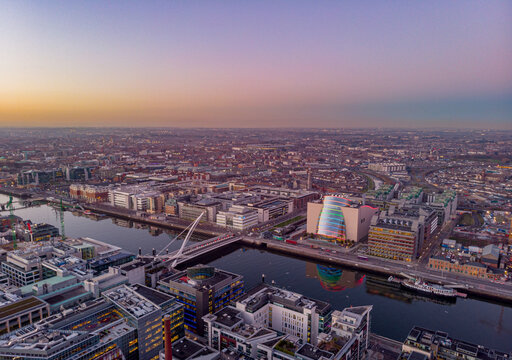 Aerial photography of Grand Canal Dock, Dublin during sunset