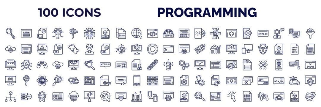 set of 100 programming web icons in outline style. thin line icons such as search, hardware, www, mobile development, cloud storage, code terminal, seo reputation, computing, aorithm, error, binary