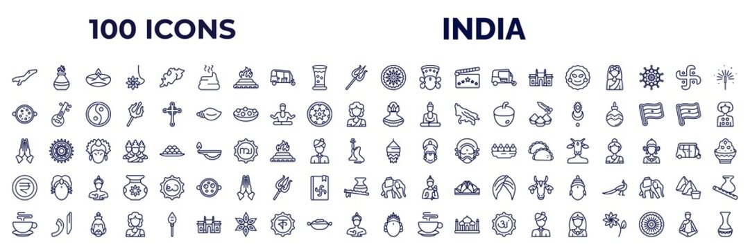 set of 100 india web icons in outline style. thin line icons such as assam, dung, ashoka, ratha-yatra, tikka masala, kumbh kalash, namaste, nakatheng, indian tea, ardhanareeswara, chandra, guru