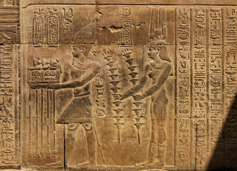 Hieroglyphic carvings on the exterior walls of an ancient egyptian temple