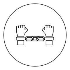 Hands in handcuffs Criminal concept Arrested punishment Bondage convict icon in circle round black color vector illustration image outline contour line thin style - obrazy, fototapety, plakaty
