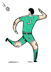 Stylized soccer player in teal uniform in action isolated on white background
