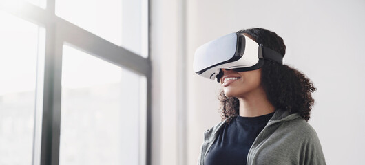 Young woman using virtual reality headset at home panoramic banner, VR, future gadgets, technology, virtual event, education, study, learning, video game concept