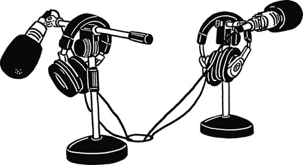 Microphone and Headphones Record Audio podcast equipment Interview Hand drawn Line art Illustration