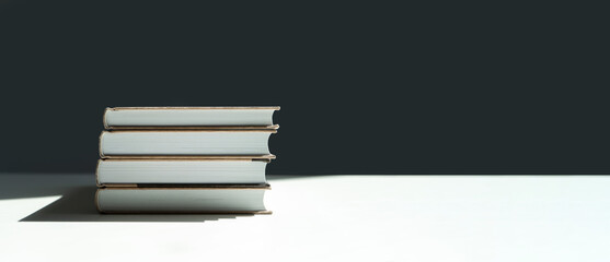 a stack of books on a white table. books with shadow from the sun.