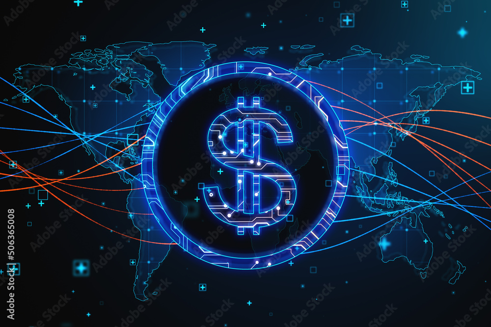 Aufkleber blockchain market and usd currency concept with blue glowing digital dollar symbol on abstract techn
