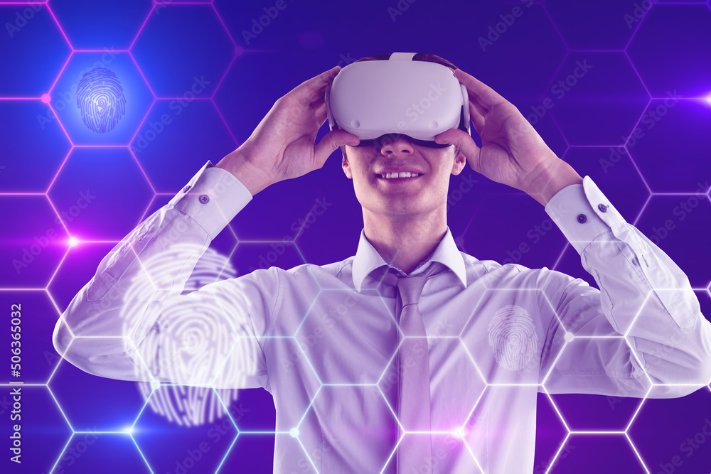 Aufkleber attractive young european businessman with vr glasses on blue background with digital thumb print bi