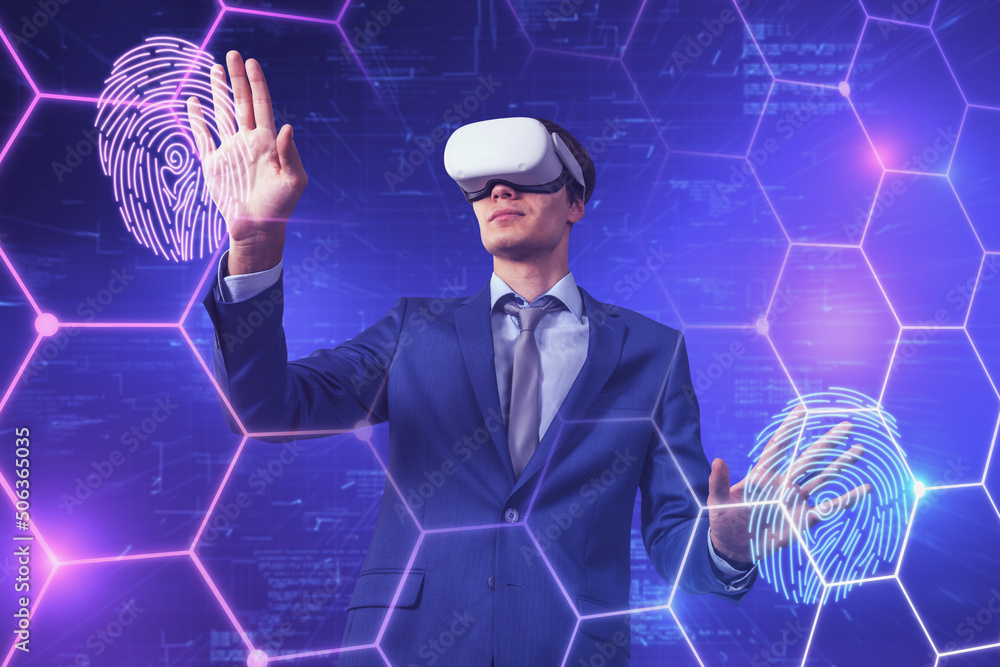 Poster attractive young european businessperson with vr glasses on blue background with digital thumb print