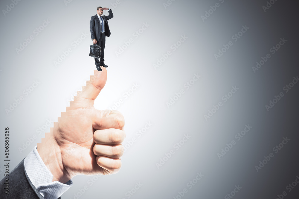 Poster businessman standing on abstract finger thumbs up staircase on gray background with mock up place. t