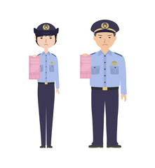 赤切符を持っている夏服の警察官たち
