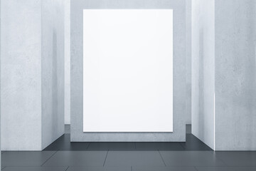 Front view on big blank white poster on light stone wall in empty light gallery hall with dark glossy floor. 3D rendering, mockup