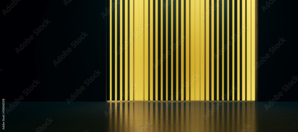 Poster dark panoramic interior with golden light blinds wall and mock up place on black space. presentation