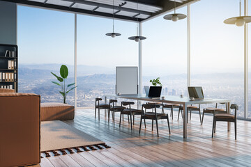 Contemporary loft office interior with furniture, equipment and panoramic city view with daylight. 3D Rendering.