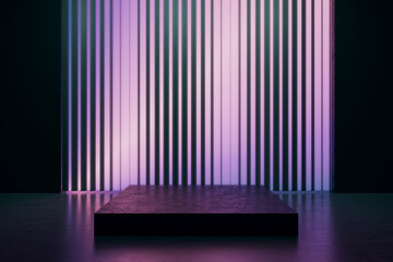 Dark interior with purple light blinds wall, pedestal and mock up place. Presentation concept. 3D Rendering.