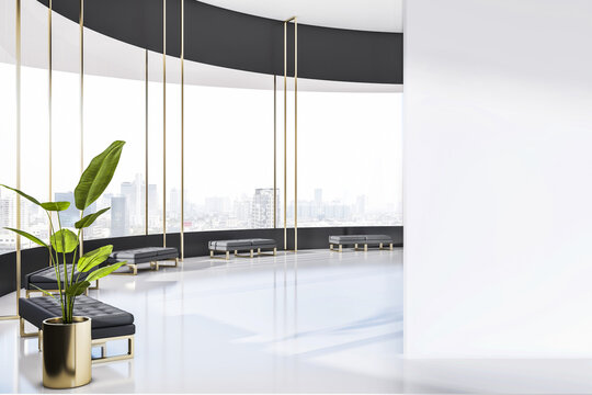 Blank white wall in sunny spacious round waiting area hall with black and gold benches, black window decoration, city view from huge window and glossy white floor. 3D rendering, mockup