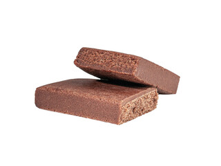 Protein bar with chocolate cut into two parts. Close-up. White background. Isolated.