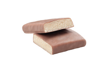 Protein bar with milk chocolate glaze. Lemon flavor. Cut into two pieces. Close-up. White background. Isolated.