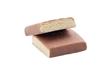 Protein bar with milk chocolate glaze. Vanilla taste. Cut into two pieces. Close-up. White background. Isolated.