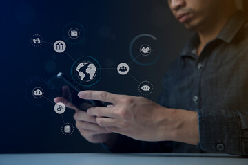 Businessman using smart phone to do online transactions with internet technology, concept of global data connection by internet technology, big data, searching for information, online marketing