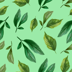 Branches and leaves seamless pattern. Bright summer design in a watercolor style.