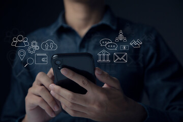 Businessman using smart phone to do online transactions with internet technology, concept of global data connection by internet technology, big data, searching for information, online marketing
