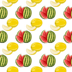 Melon and watermelon pattern pieces and whole fruits. Vector illustration