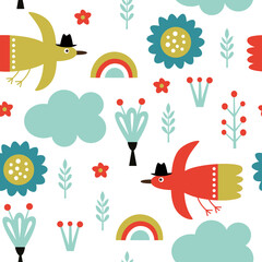 Seamless pattern with funny birds and flowers. Fabric pattern, kids apparel print, wrapping gift paper