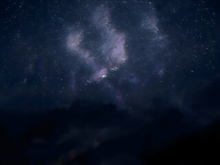 Milky Way and colorful light at mountains. Night colorful landscape. Starry sky with hills. Beautiful Universe. Space background with galaxy. Travel background