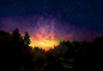 Milky Way and colorful light at mountains. Night colorful landscape. Starry sky with hills. Beautiful Universe. Space background with galaxy. Travel background