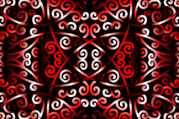 seamless luxurious red and white gradien caleidoscope flower and leaf line art pattern of indonesian culture traditional tenun batik ethnic dayak ornament for wallpaper ads background 