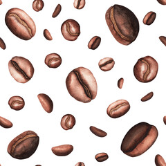 Coffee arabica roasted beans seamless pattern on white background. Watercolor hand drawing illustration. Art for design