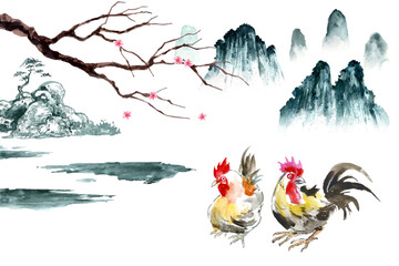 Watercolor painting of chicken with branches, peach blossoms and mountain in the minimal oriental Chinese style. 