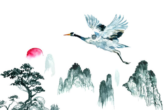 Watercolor painting of a crane bird fly over mountain landscape and sun in oriental Chinese style. 