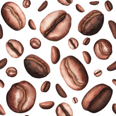 Coffee arabica roasted seamless pattern on white background. Watercolor hand drawing illustration. Art for decoration