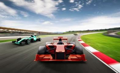 Fototapeten Motorsport cars racing on race track with motion blur background, cornering scene. 3D Rendering. © Image Craft