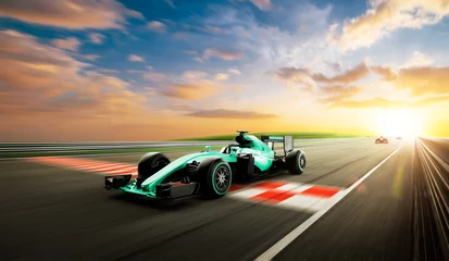 Poster Bestuurder passeert het eindpunt en raceauto racen op een baan met bewegingsonscherpte. 3D-weergave. © Image Craft