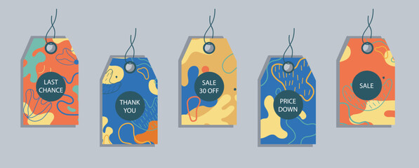 Set of discount price tags. Labels with abstract background. Template for shopping tags. Promotional sale badge. Vector illustration.