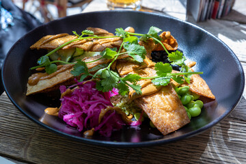 Salad plate over restaurant table