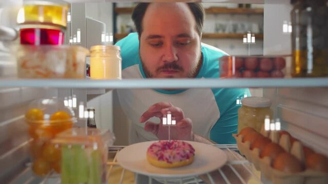 Overweight man open smart fridge with calories hologram above food and take healthy snack