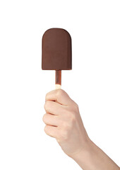 Woman hand holding chocolate popsicle isolated