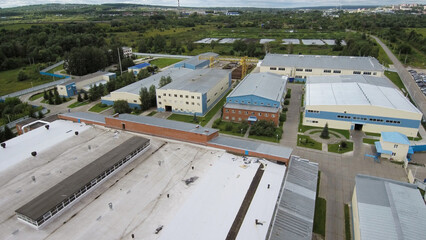 Russia, the city of Votkinsk. Workshops of the Technovek plant for the production of oil and gas equipment. Aerial view.