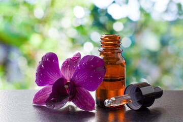 Spa natural organic orchid essential oil with tropical orchid flower on dark table with green nature bokeh background.