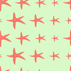 Fototapeta na wymiar Vector pattern with shells. Beautiful red and green colors. Star fish for textiles, postcards and other products.