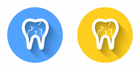 White Broken tooth icon isolated with long shadow background. Dental problem icon. Dental care symbol. Circle button. Vector