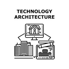 Technology Architecture Vector Icon Concept. Computer Software And Blueprint With Equipment, Technology Architecture For Create Building Exterior And Design. Architectural Business Black Illustration